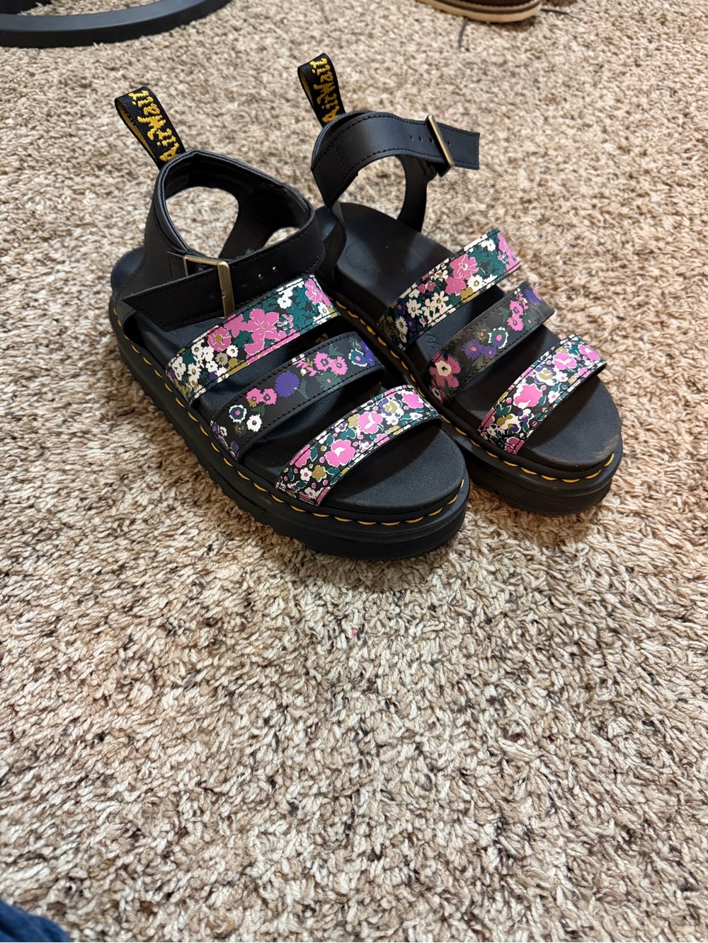 Dr. Martens Black Platform Sandals with Pink & Purple Floral Straps